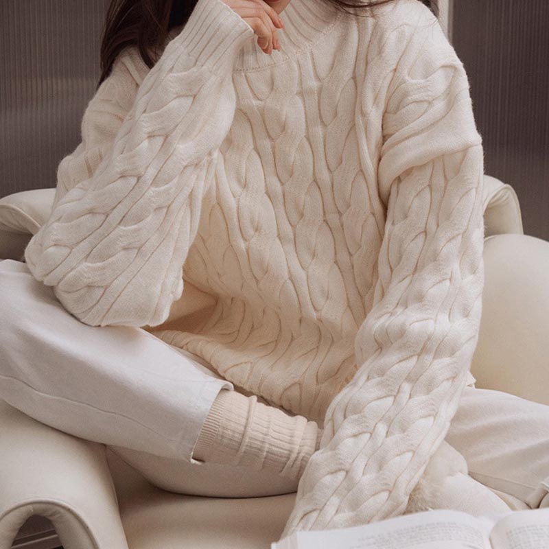 Cable Knit Mock Neck Loose Pullover Sweater DP25H630