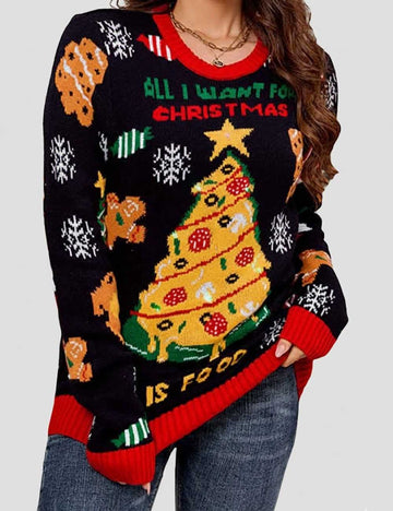 Casual Christmas Tree Jacquard Crew Neck Sweater DP25H426