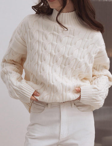 Cable Knit Mock Neck Loose Pullover Sweater DP25H630