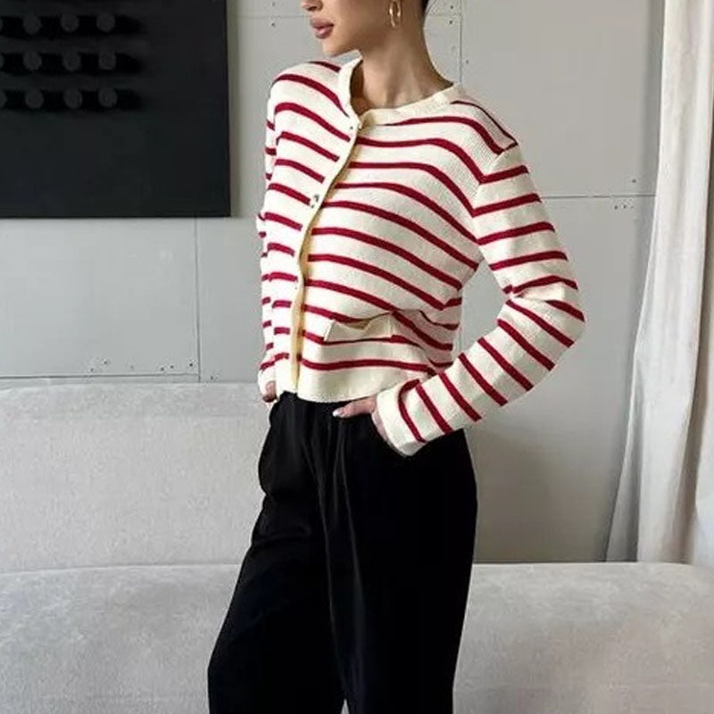 Round Neck Striped Long Sleeve Knit Cardigan DP25G977