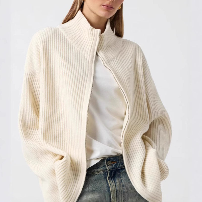 Simple Ribbed Knit Mock Neck Zip Up Cardigan DP25G961