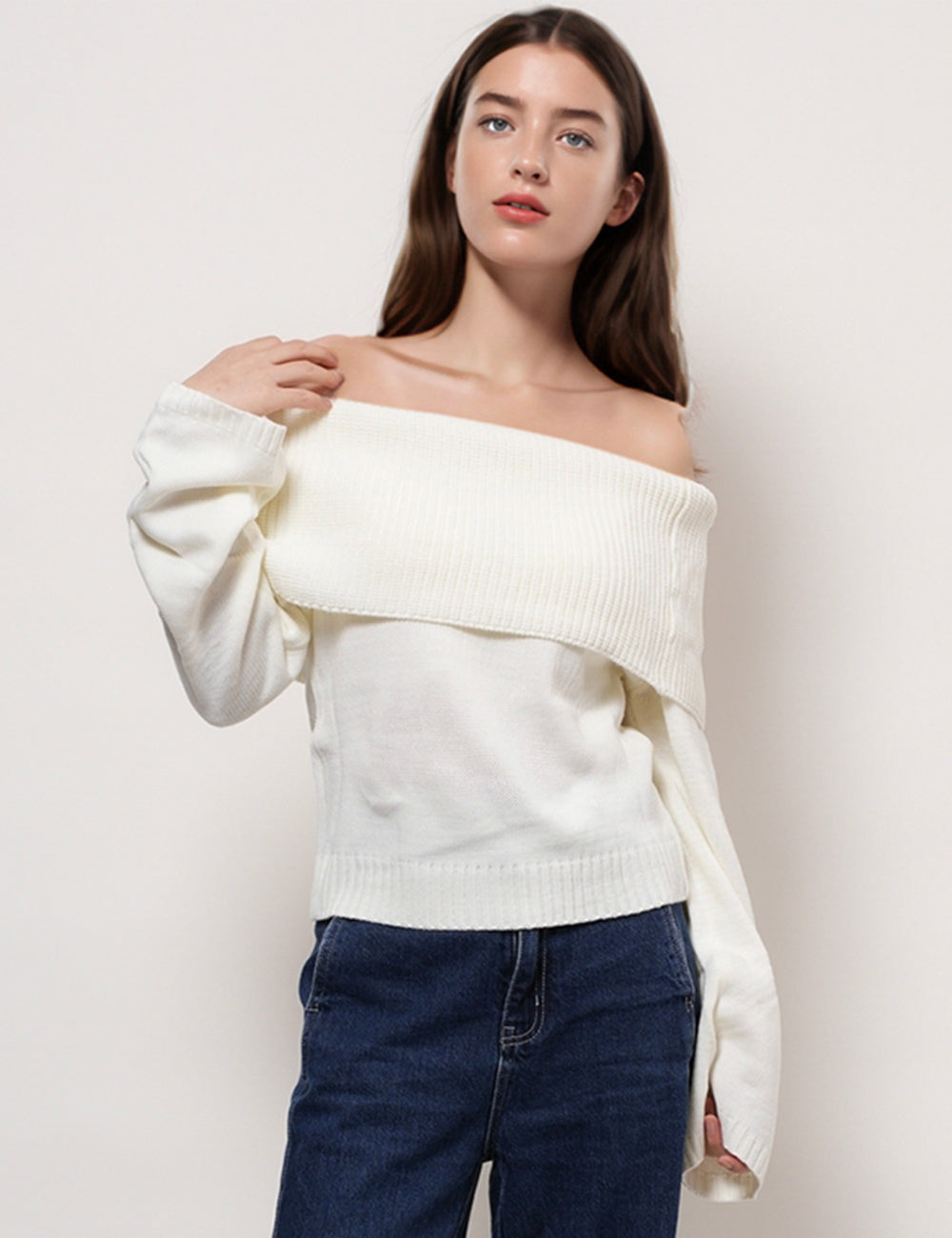 Off Shoulder Slim Fit Long Sleeves Knit Top DPT4867