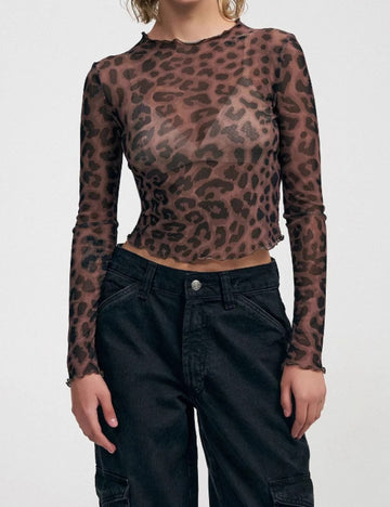 Slim-Fitting Leopard Print Mesh Top DP25B719