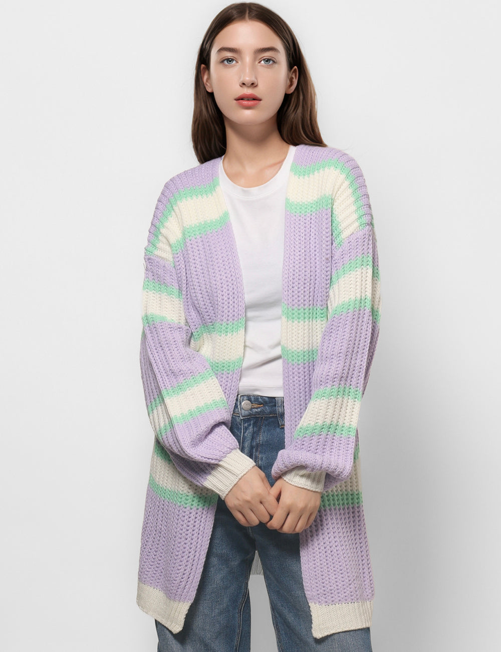 Striped Color Block Splice Knit Cardigan DPT4774