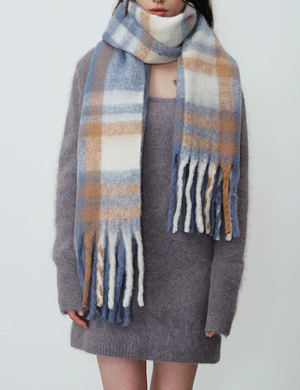 Checkered Wool Blend Long Shawl Winter Scarf DP25F614