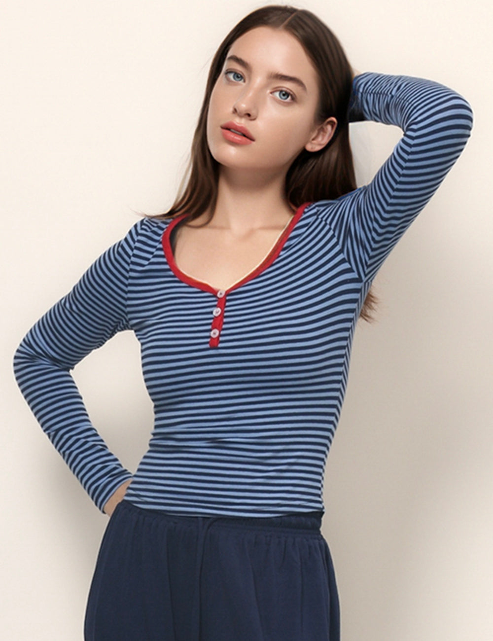 Color Block Striped Button Slim Fit Knit Top DPT4856