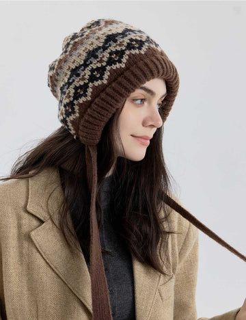 Winter Fair Isle Knit Beanie With Drawstring DP25H706