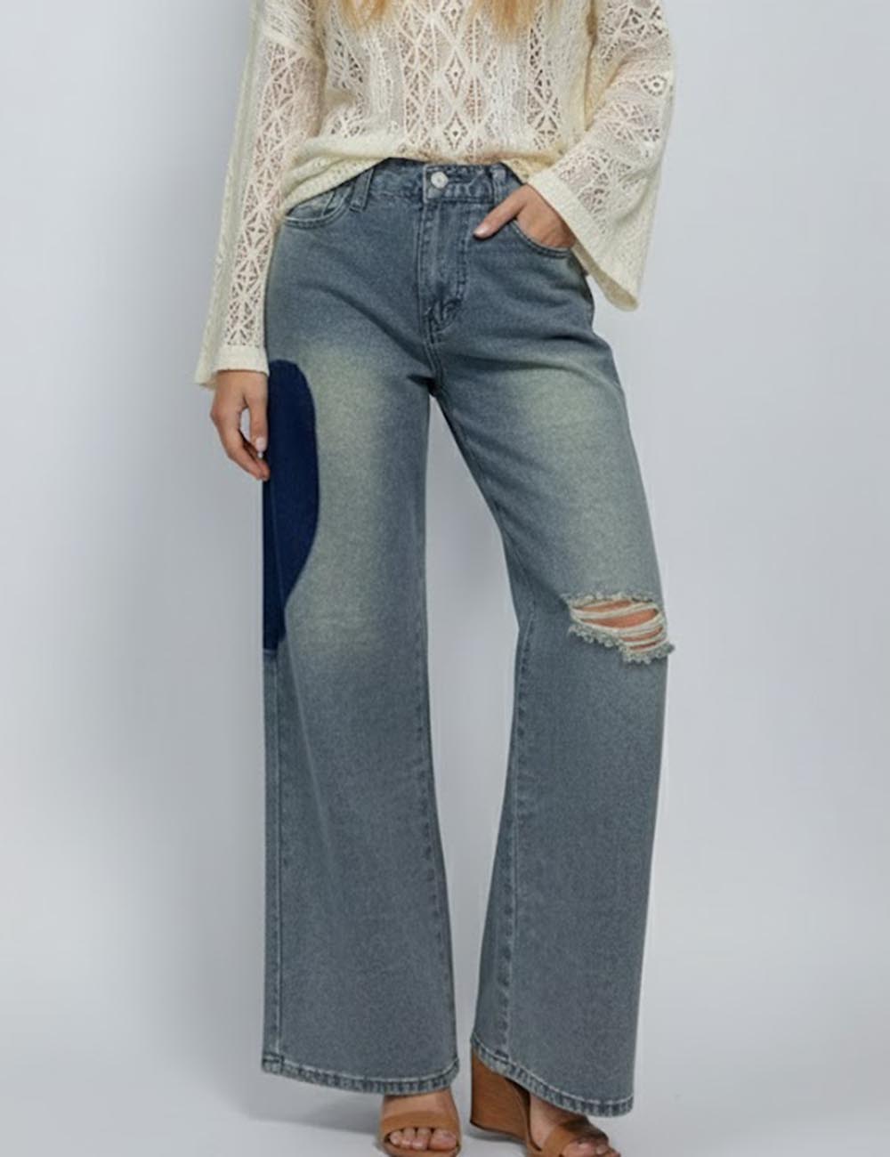Splicing Heart Distressed Low Rise Straight Leg Jeans DP25G695
