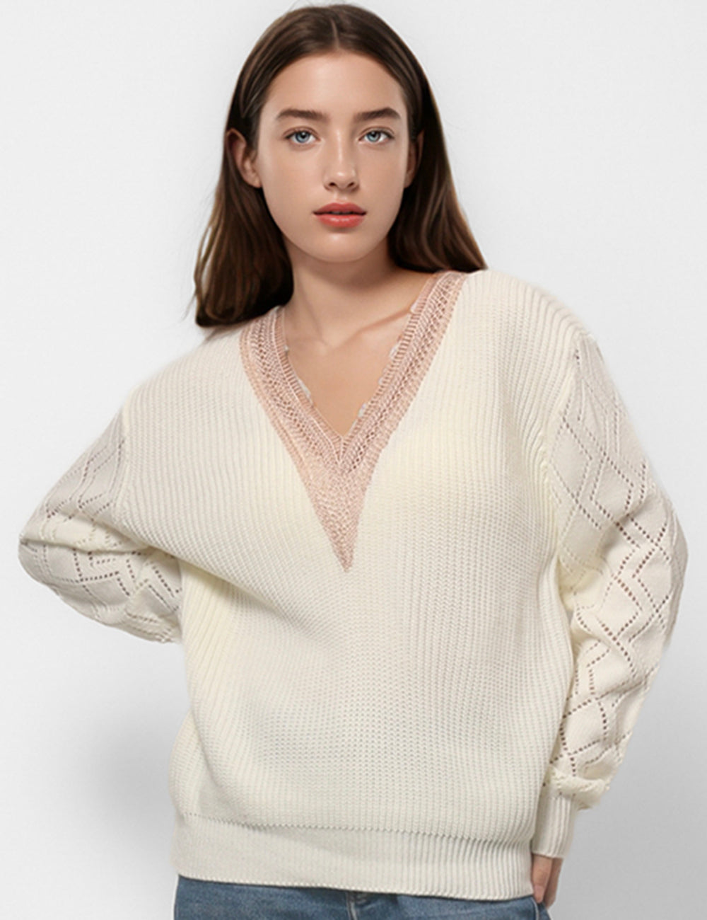 V-Neck Hollow Out Loose Casual Pullover Sweater DPT4771