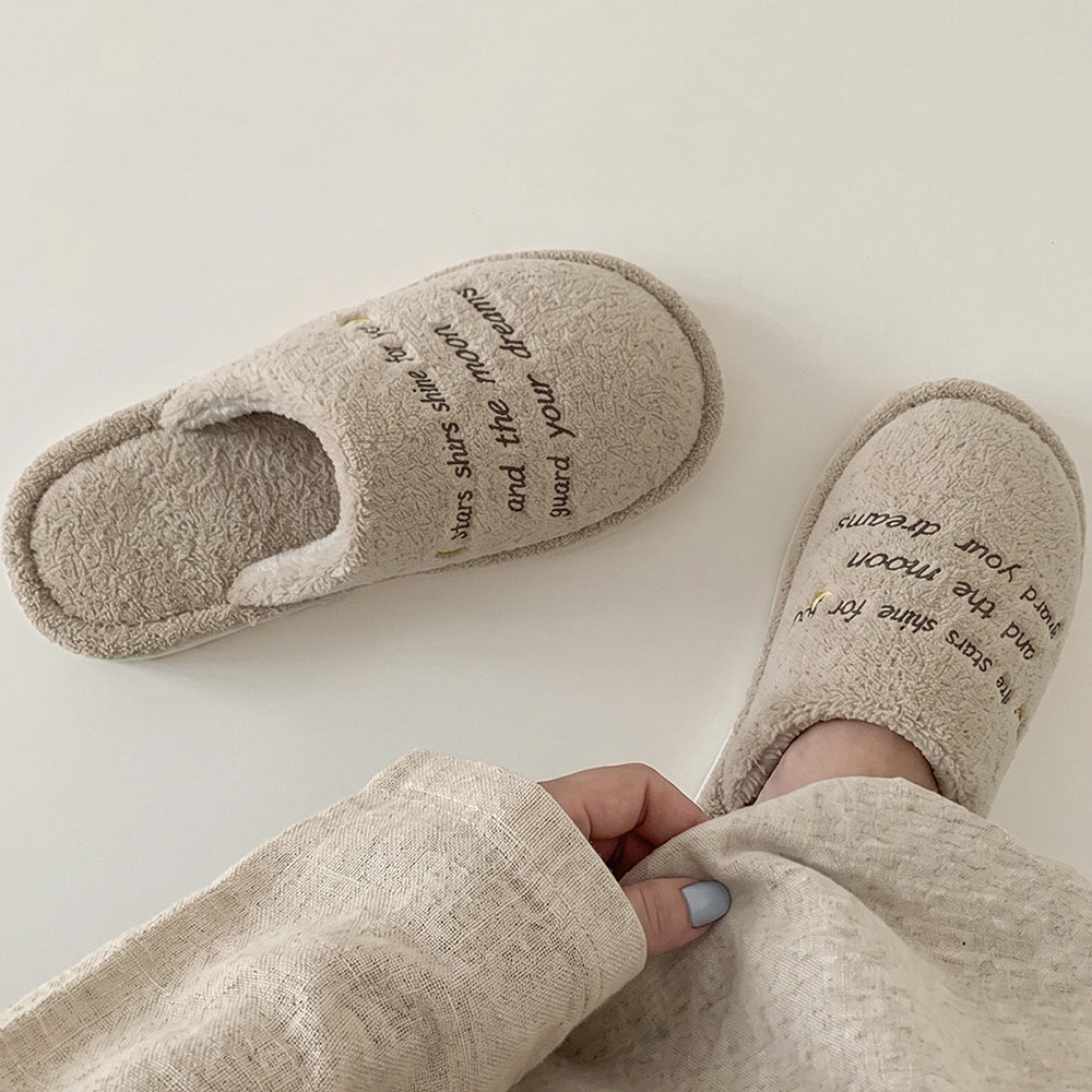 Simple Letter Embroidery Plush Non-Slip Warm Slippers 6W8FSP286