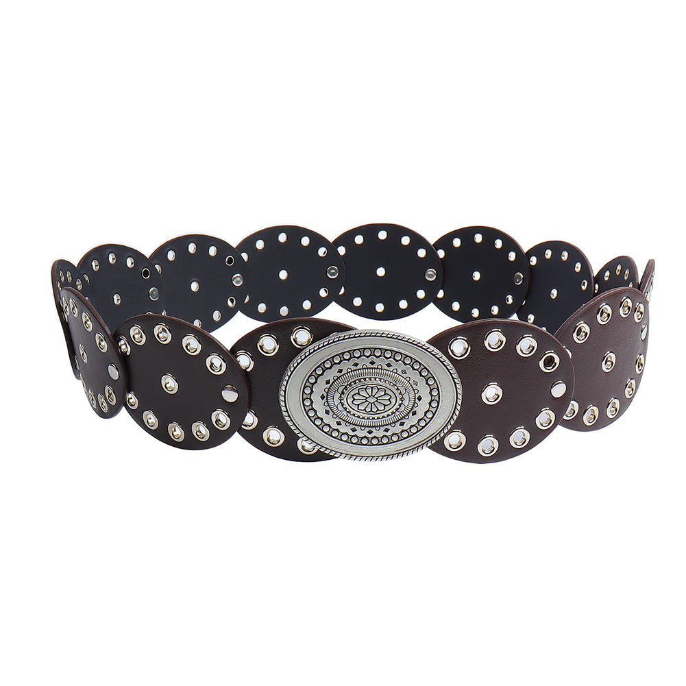 Retro Western Oval Buckle Wide Disc Waist Belt 6W6JBT234