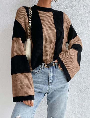 Striped Color Block Round Neck Loose Sweater DPT1425