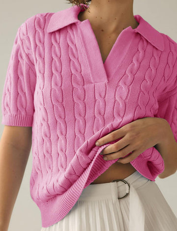 Lapel V-Neck Twist Short Sleeves Knit Tops DP25C442