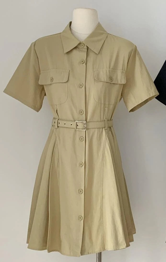 Lapel Button Waist Tie Dress - DippedShop Wholesale - #9363