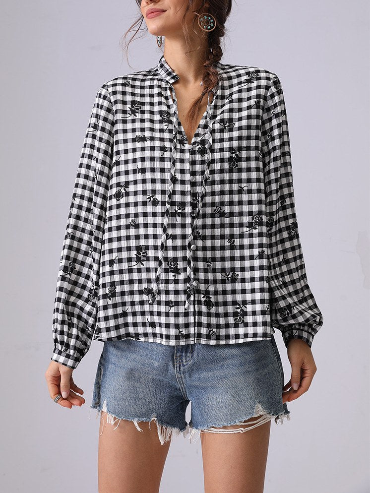 Plaid Color Block Floral String Shirt DP25C865