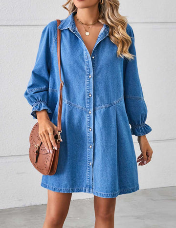 Denim Splice Washed Long Sleeve Midi Dress DP25E841