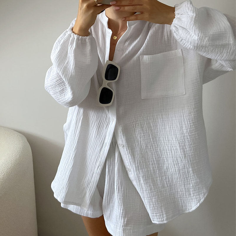 2 Pcs Casual Cardigan Shorts Lounge Pajamas Set DP25F888