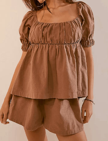 Puff Sleeve Top and Shorts Set - DippedShop Wholesale - #1891