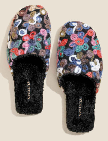 Flower Embroidery Soft Warm Plush Indoor Slippers DP25H513