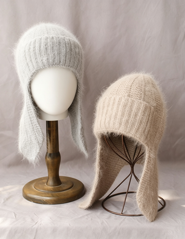 Fuzzy Angora Rabbit Fur Earflap Knit Beanie 6W6HAT691