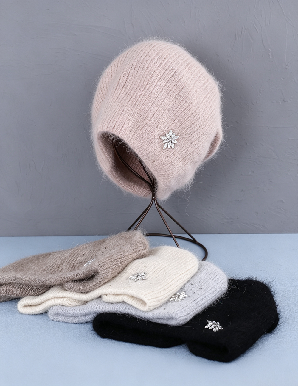 Rhinestone Solid Color Angora Knit Beanie 6W6HAT694