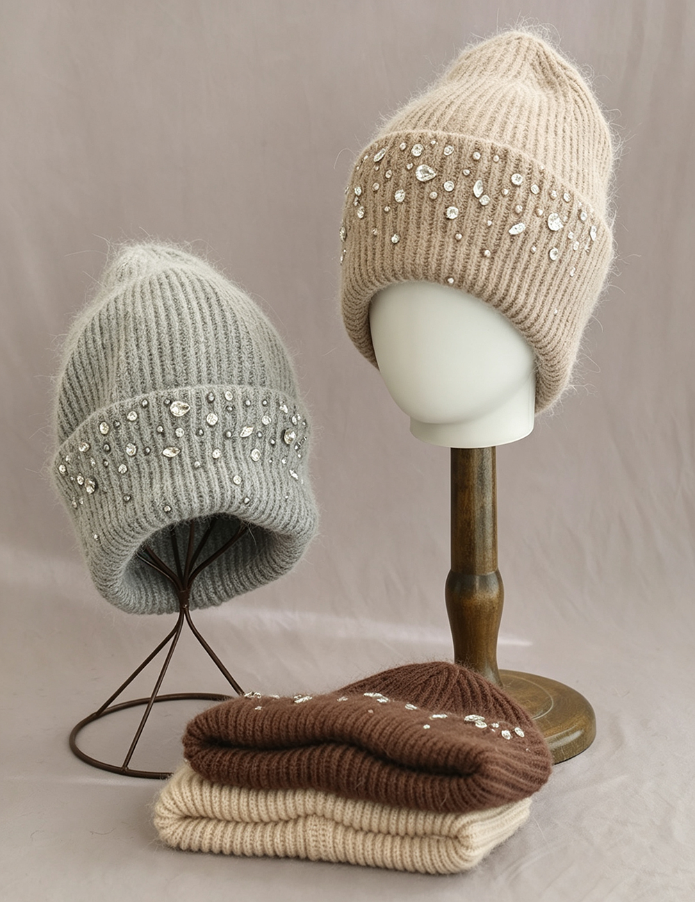 Luxury Rhinestone Angora Knit Beanie 6W6HAT696