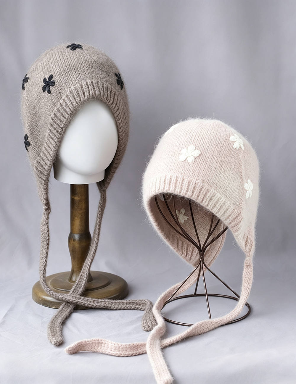 Floral Jacquard Angora Knit Bonnet With Ties 6W6HAT699