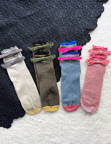 Sweet Shimmery Lurex Ruffle Double Bow Socks 6W8FSO770