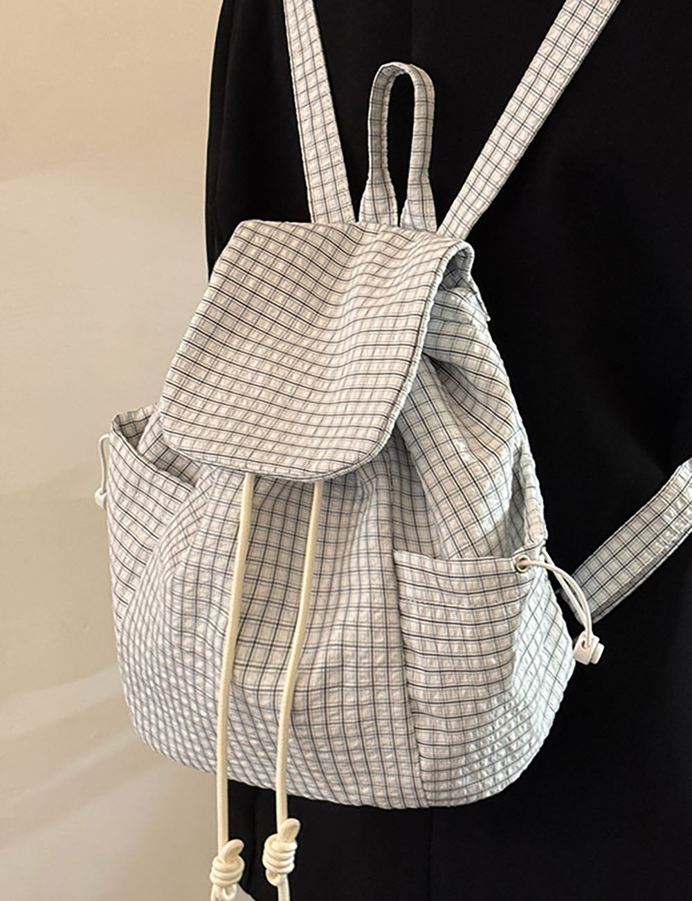 Stylish Plaid Pattern Flap Drawstring Backpacks 6S10BBG1439