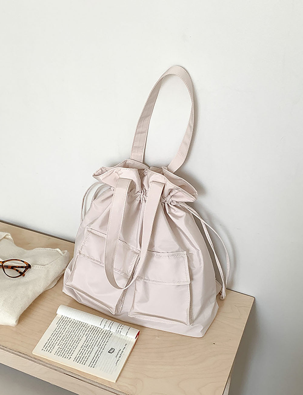 Simple Solid Color Nylon Drawstring Shoulder Bag 6S10BBG1448
