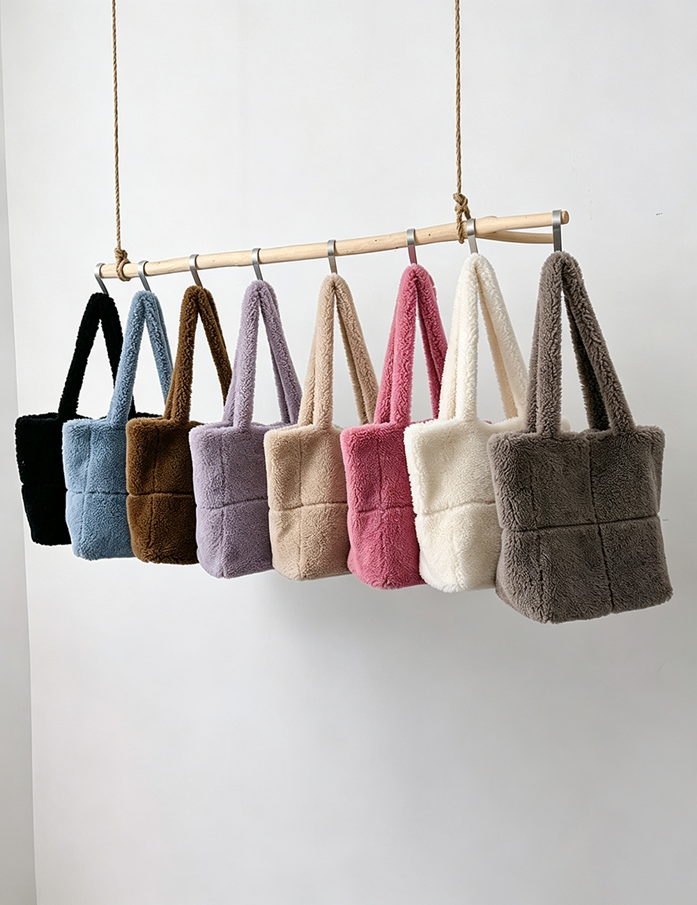 Solid Color Faux Shearling Shoulder Tote Bag 6W10BBG1882
