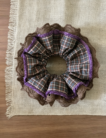 Purple Brown Plaid Lace Hair Scrunchie MK2BLW6W6HSR15