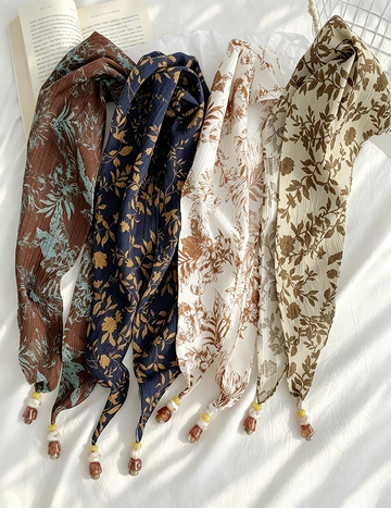 Vintage Leaf Print Beaded Triangle Silk Scarf MK2BLW6W6NSI71