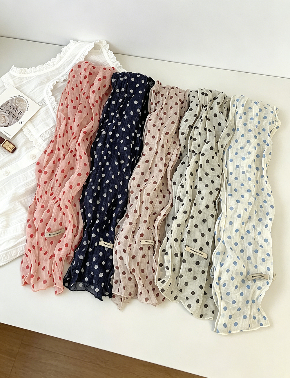 Retro Color Block Polka Dots Ruffled Silk Scarf MK2BLW6W6NSI74