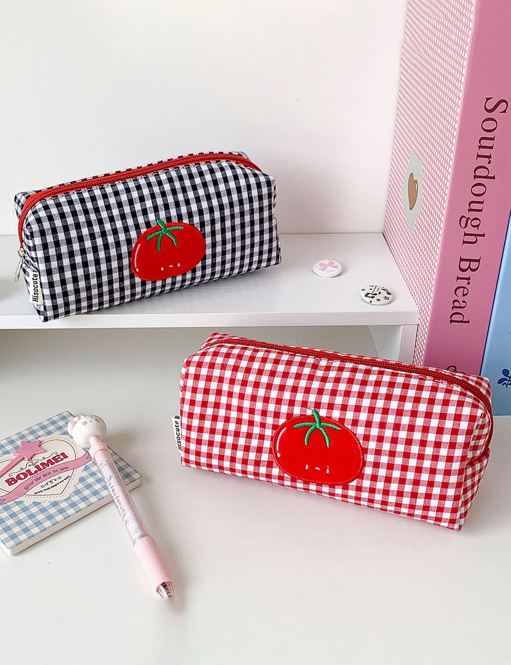 Cute Tomato Embroidery Plaid Print Makeup Bag MK2BW6S10BOB56
