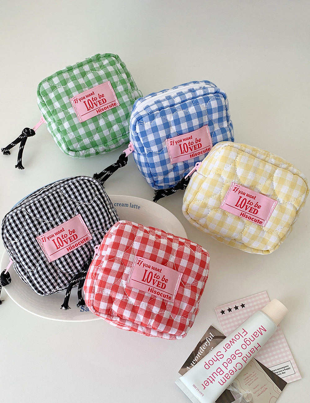 Cute Plaid Quilted Shell Mini Makeup Bag MK2BW6S10BOB58