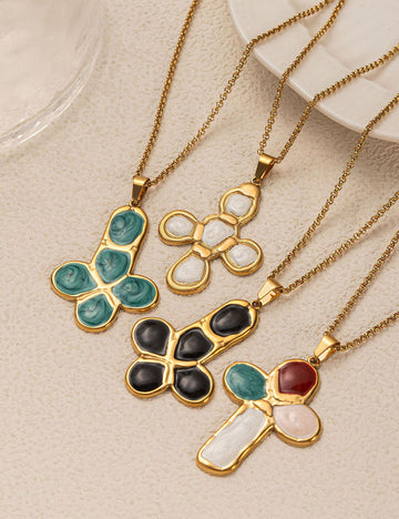 Vintage Enamel Drip Cross Pendant Necklace 6W6JNC411L