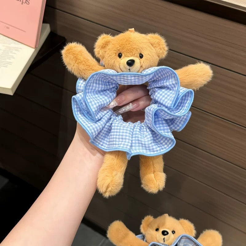 Cute Plush Bear Plaid Print Scrunchies 6W6HSR509