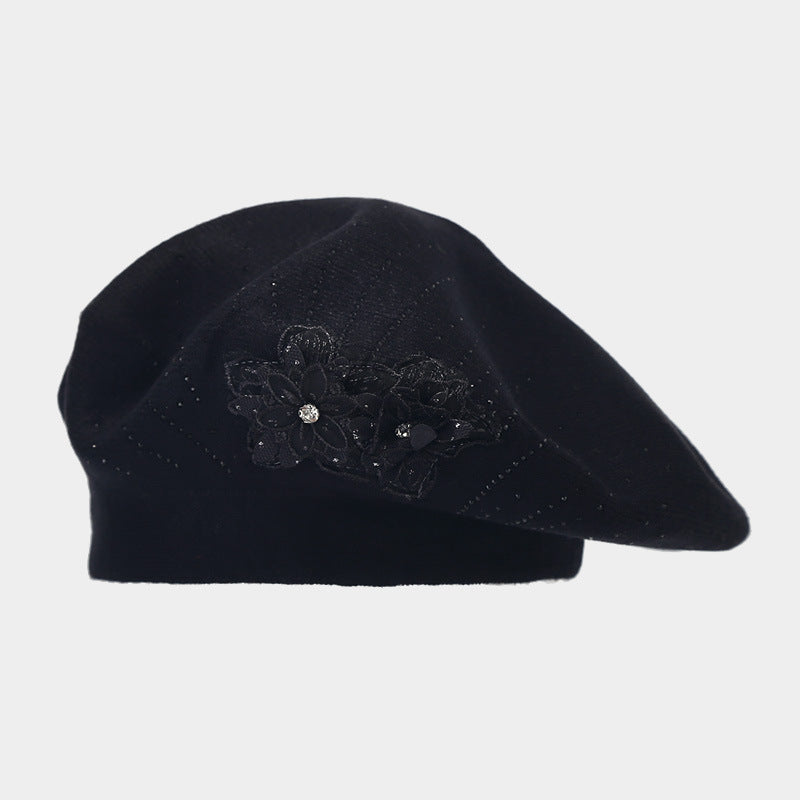 Vintage Floral Rhinestones Knit Portable Beret Cap MK2COW6W6HAT227