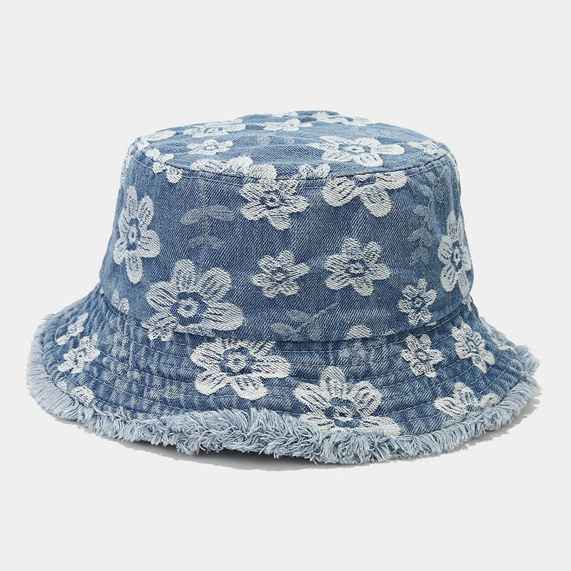 Trendy Floral Print Frayed Denim Bucket Hat MK2BW6W6HAT69