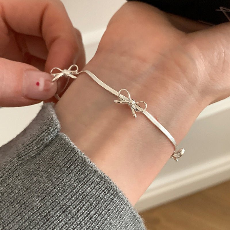 Sweet Silver Bow Knot Charm Chain Bracelet 6W6JBR335