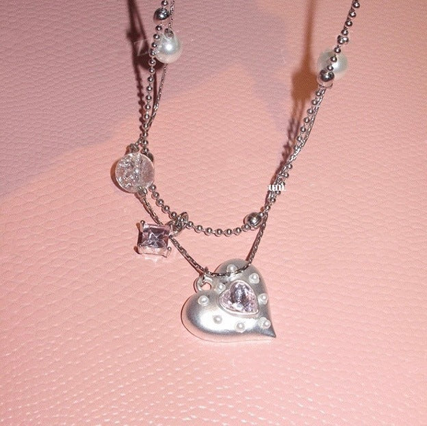 Double-Layer Cubic Zirconia Heart Pendant Necklace 6W6JNC381L