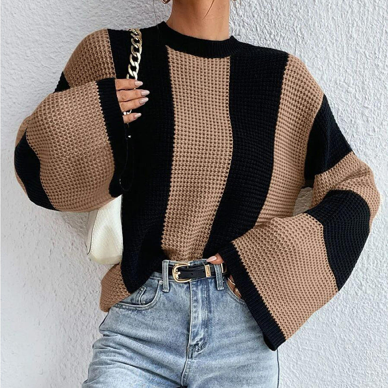 Striped Color Block Round Neck Loose Sweater DPT1425