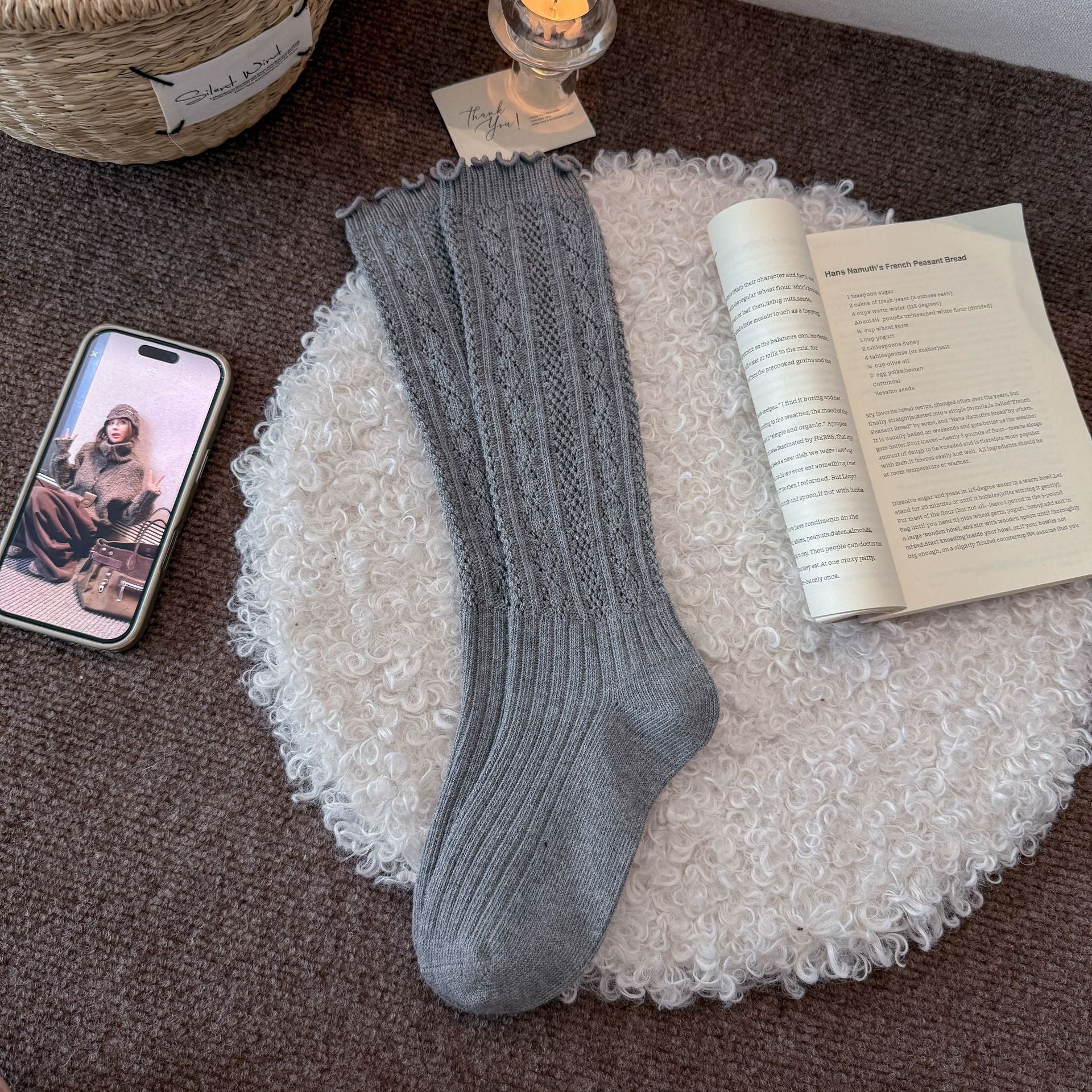 Elegant Diamond Knit Lace-Trim Mid-Calf Socks 6W8FSO694