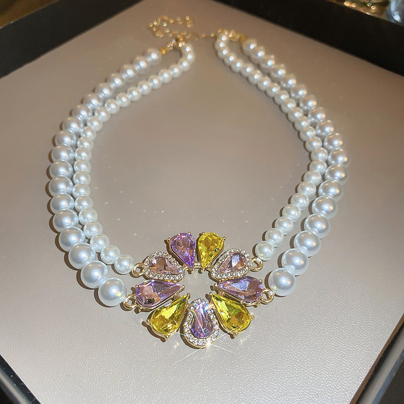Elegant Rhinestone Floral Pendant Pearl Double Layer Necklace 6W6JNC918