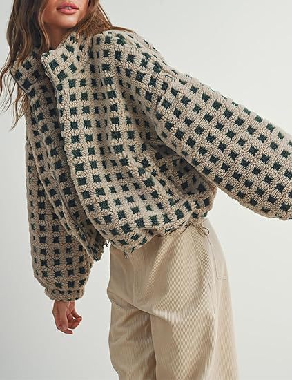 Color Block Plaid Stand Collar Shearling Jacket DP25G808