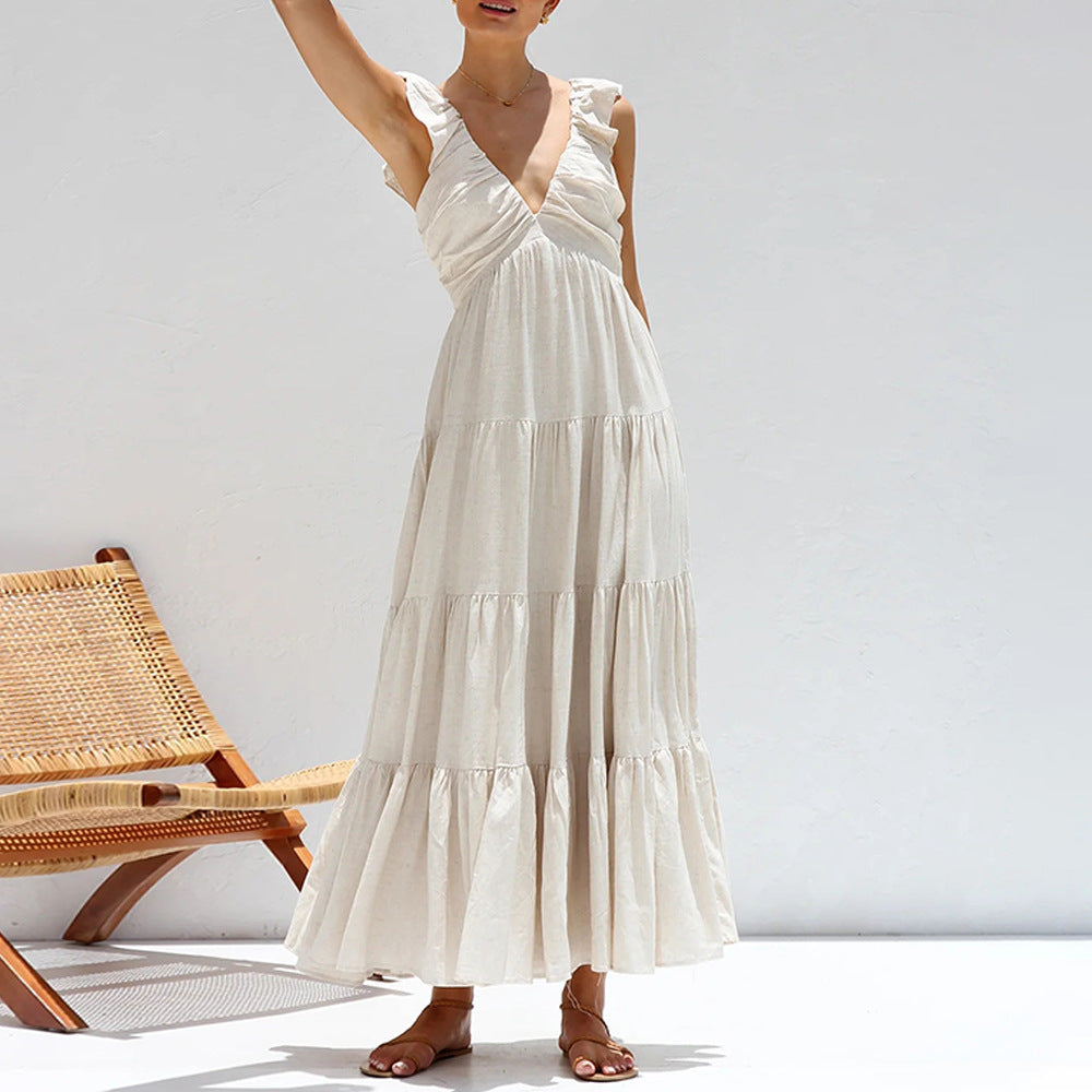 V-Neck Ruffle Sleeveless Maxi Dress DP25C897