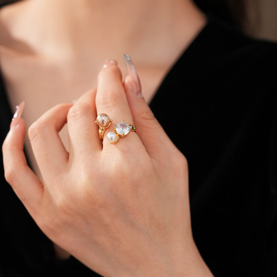 French Cubic Zirconia Pearl Irrregular Open Ring 6W6JRG369