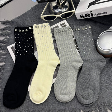 Rhinestone Ribbed Sweet Cotton Socks DP25A442