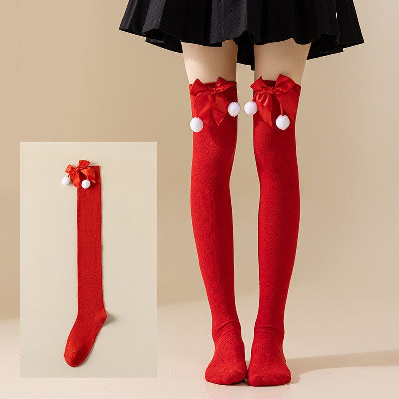 Christmas Bow Pom Pom Thigh High Socks 6W8FSO914